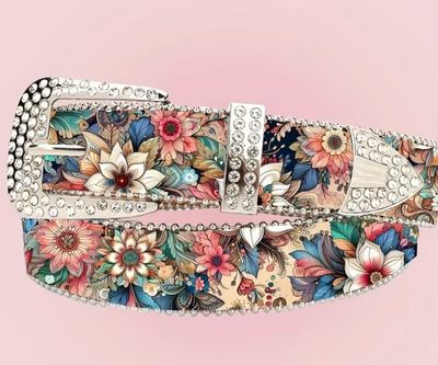 Crystal Embellished Buckle Floral Design Vegan Leather Belt