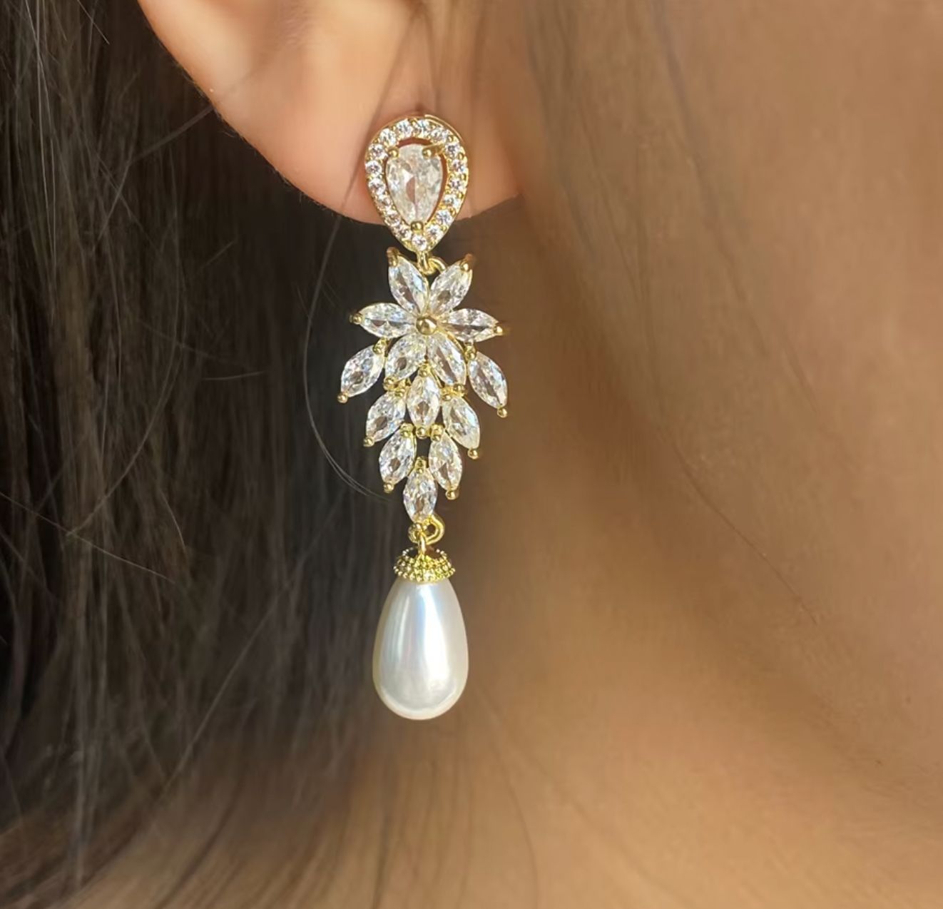 Marquise Burst Teardrop Top Pearl Dangle Earring Marquise Burst Teardrop Top Pearl Dangle Earring