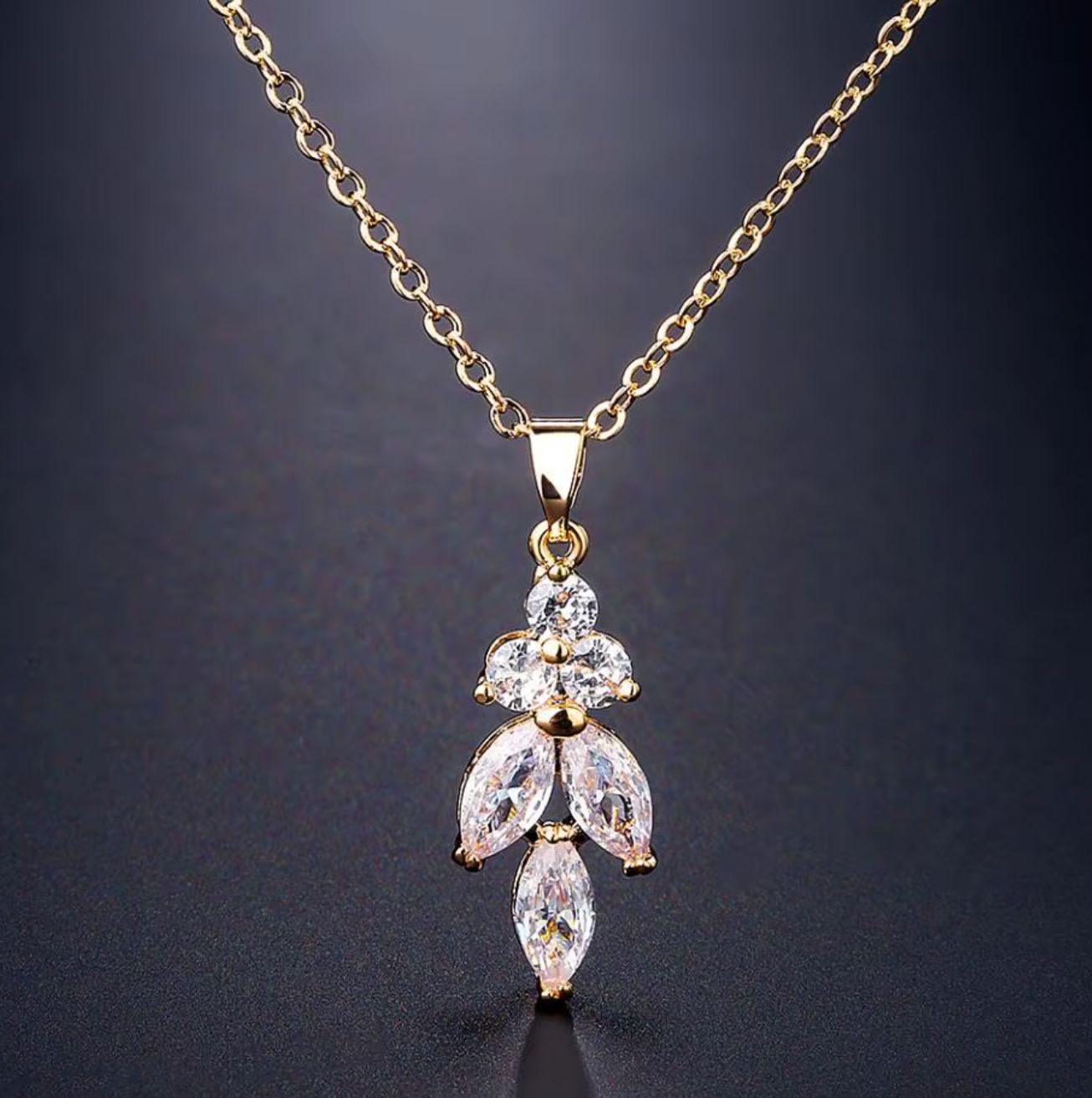 Gold Plated 3 Marquis AAA CZ Pendant Necklace