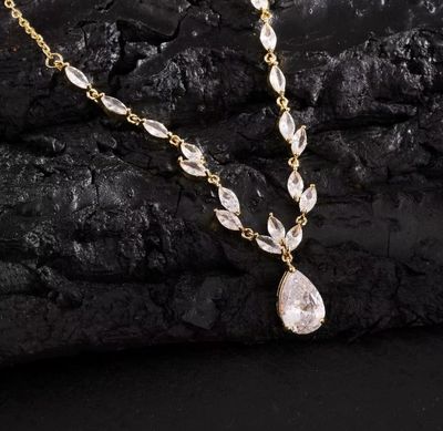 Gold Plated AAA CZ Botanical Tear Drop Necklace