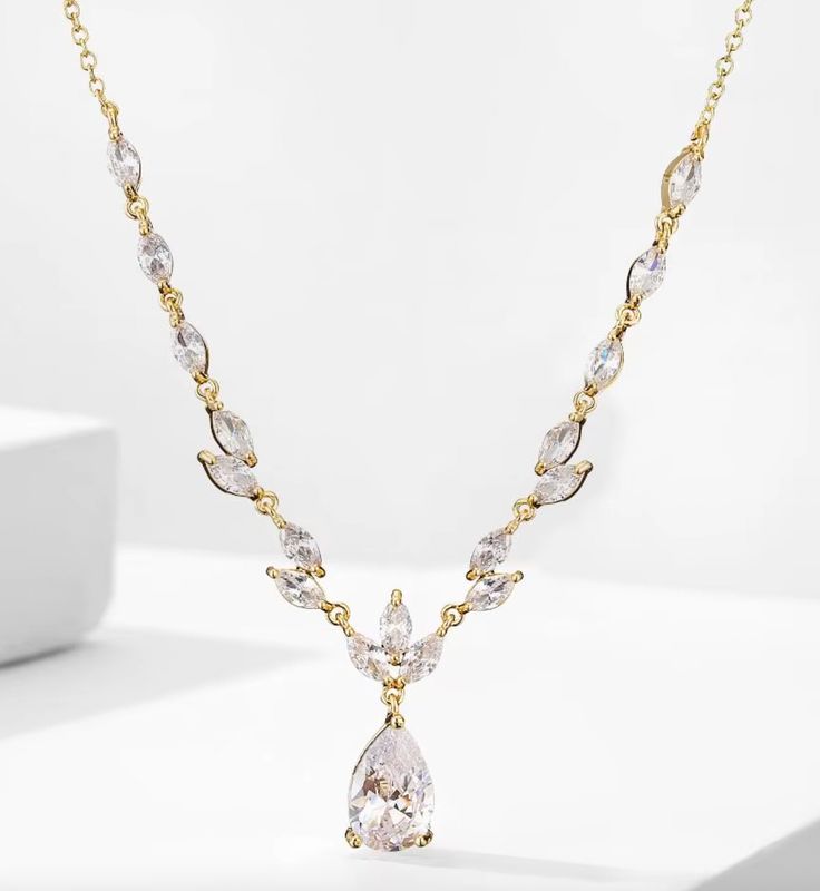 Gold Plated AAA CZ Botanical Tear Drop Necklace