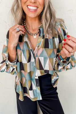 Green Geometric Print Buttoned Balloon Sleeve Top