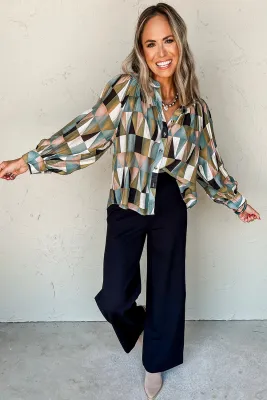 Green Geometric Print Buttoned Balloon Sleeve Top Green Geometric Print Buttoned Balloon Sleeve Top