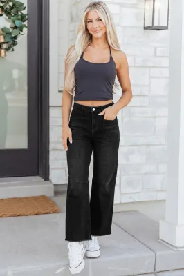 Black Raw Hem Straight Leg Loose High Waist Jean