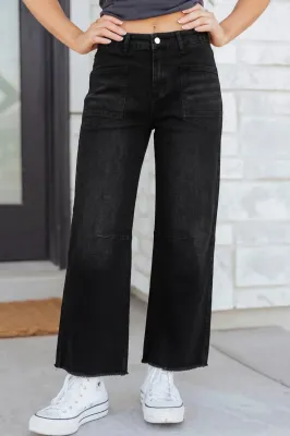 Black Raw Hem Straight Leg Loose High Waist Jean