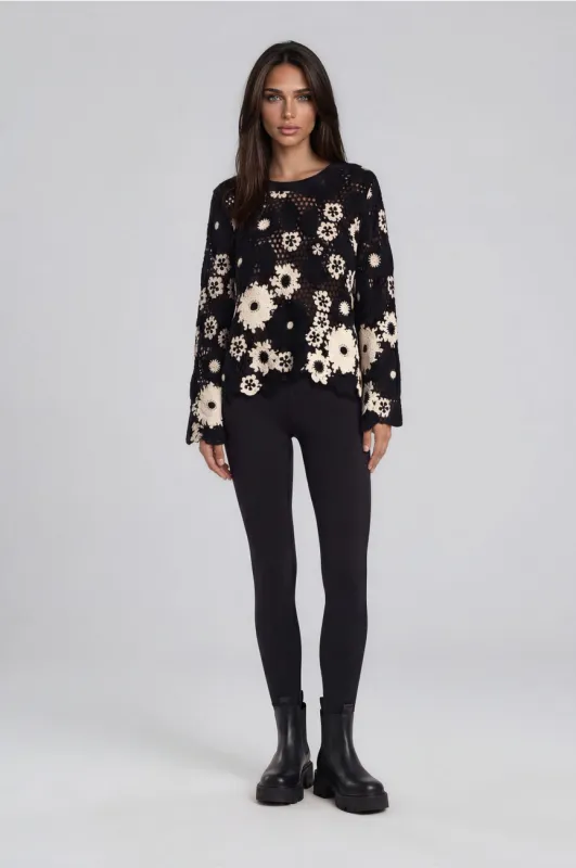 Black/Ivory Floral Crochet Lace Knit Sweater