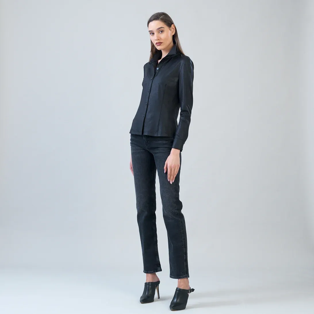 Black Button Front Liquid Leather™ Blouse Black Button Front Liquid Leather™ Blouse