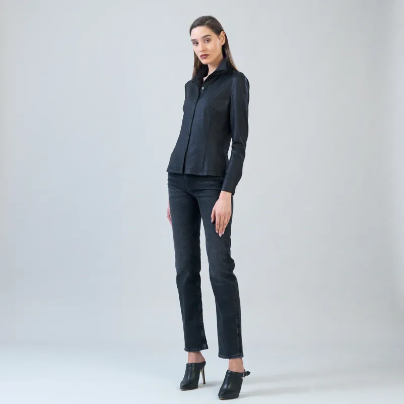 Black  Button Front Liquid Leather™ Blouse