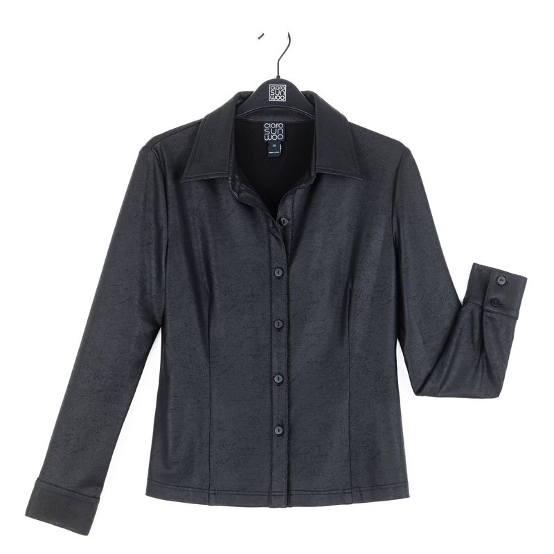 Black  Button Front Liquid Leather™ Blouse