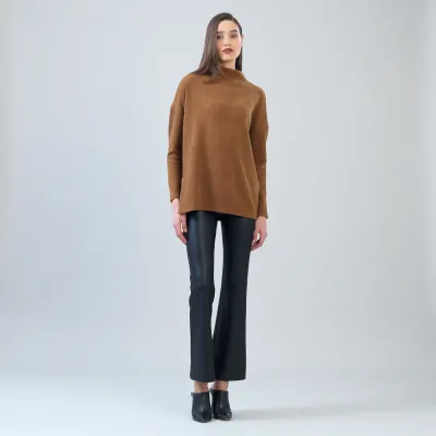 Camel Plush Ribbed Zipper Vent Tunic Sweater