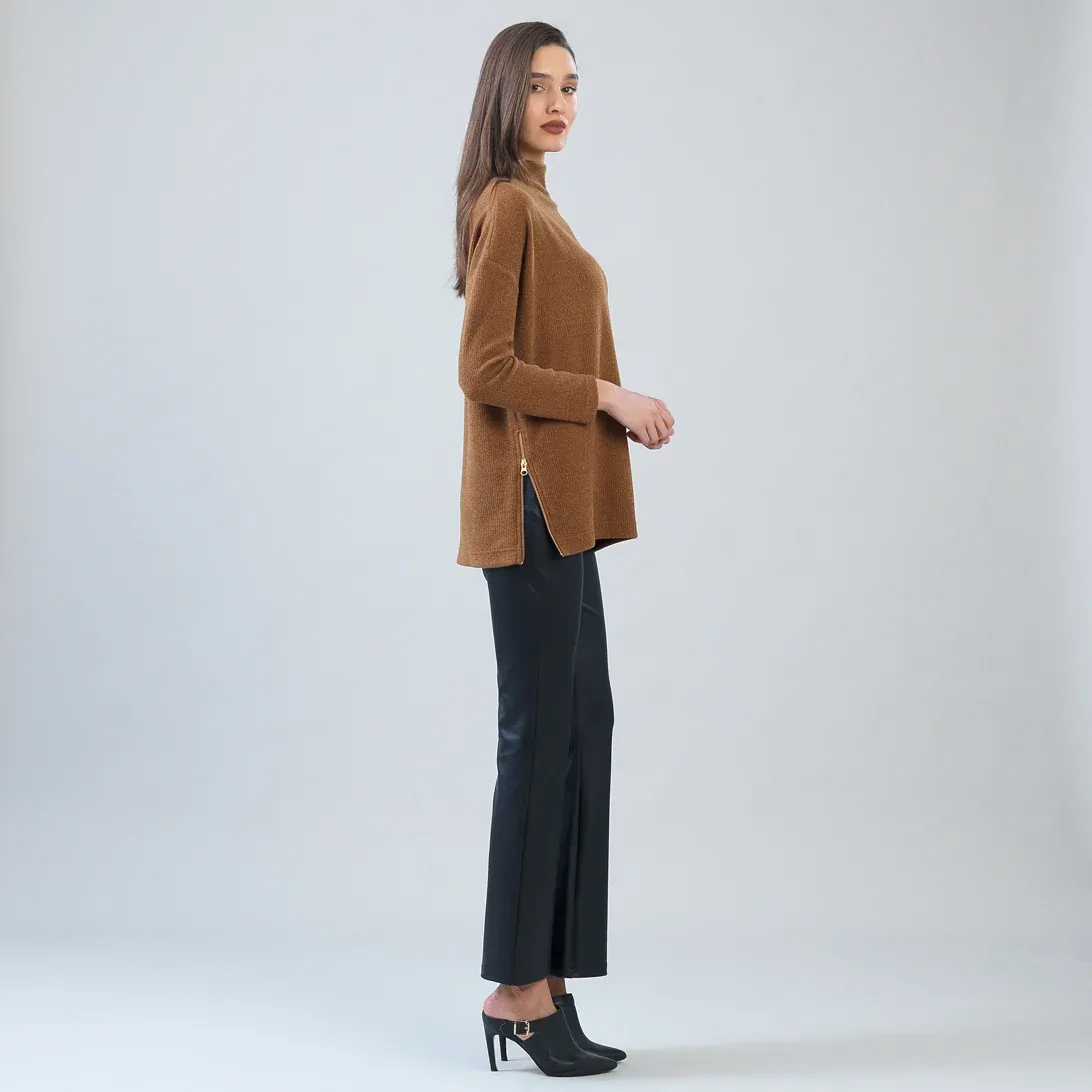 Camel Plush Ribbed Zipper Vent Tunic Sweater
