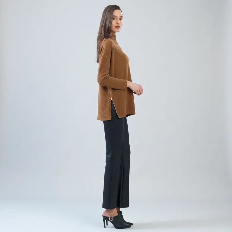Camel Plush Ribbed Zipper Vent Tunic Sweater