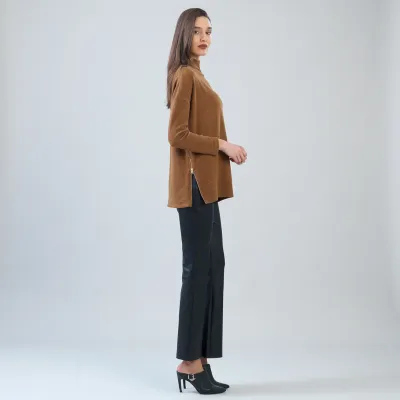 Camel Plush Ribbed Zipper Vent Tunic Sweater