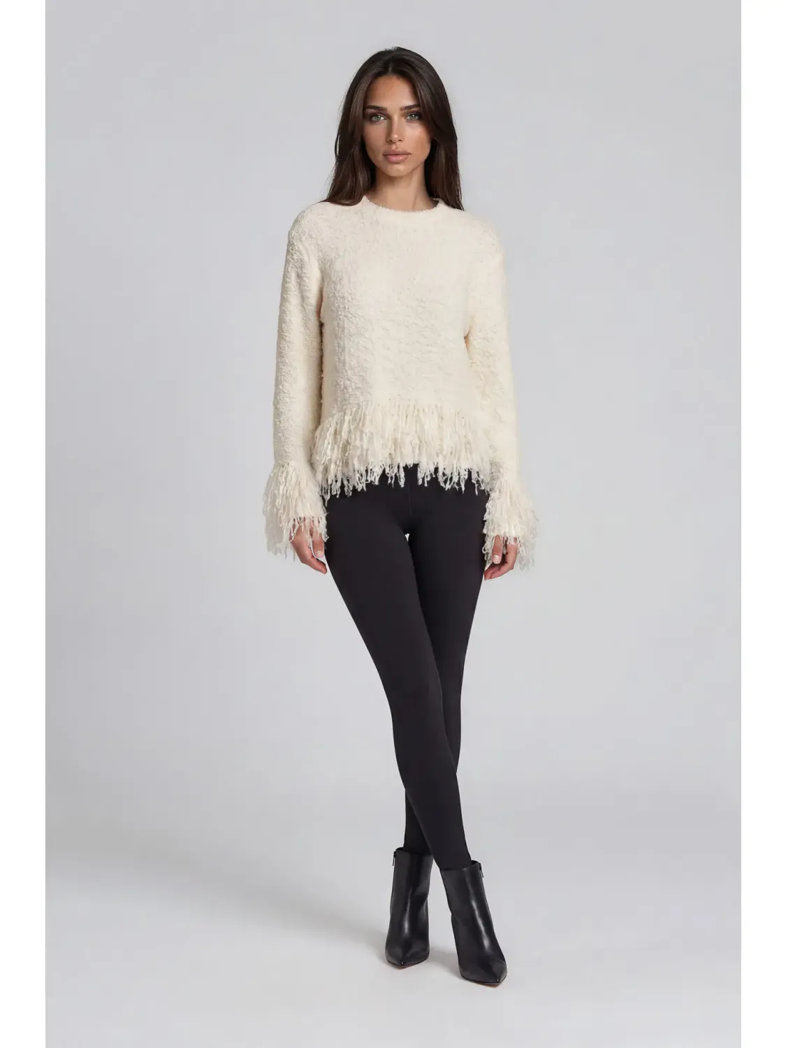 Cream Textured Fringe Knit Sweater