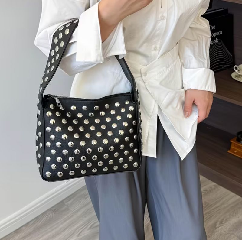 Black Vegan Leather Silver Stud Handbag