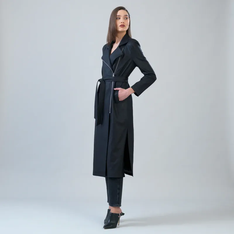Black Liquid Leather Zipper Trench Coat