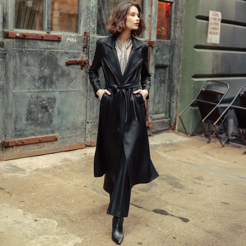 Black Liquid Leather Zipper Trench Coat
