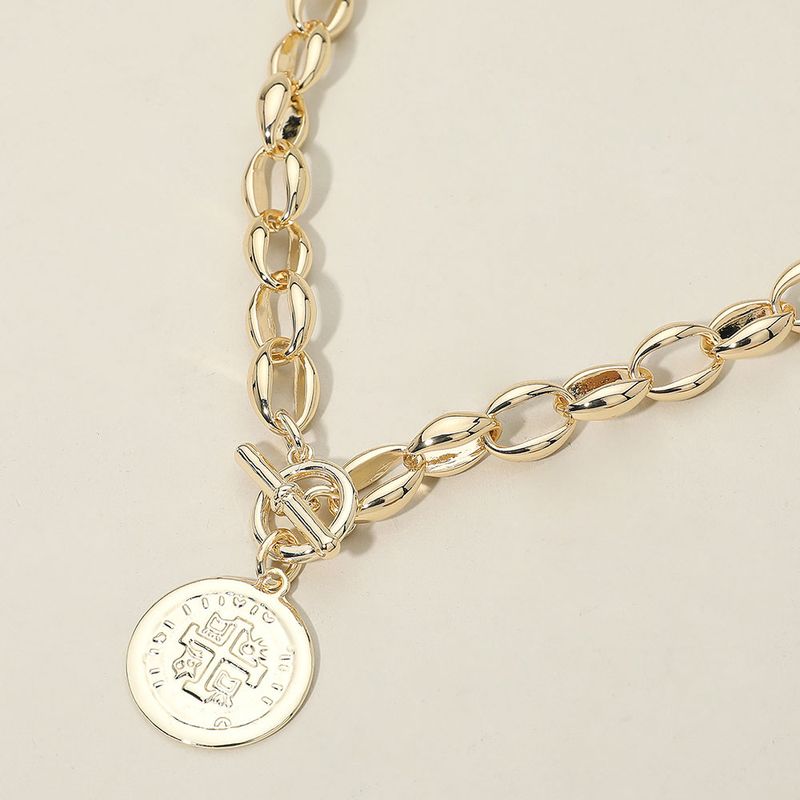 14K Gold Plated Cross Embossed Coin Charm Chunky Chain Toggle Necklace