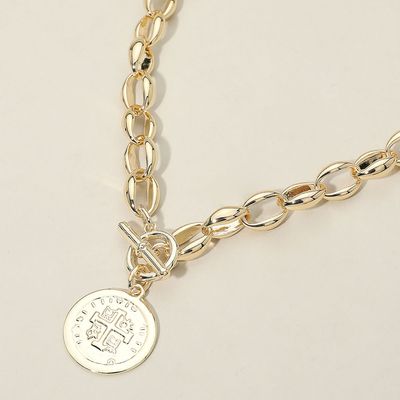 14K Gold Plated Cross Embossed Coin Charm Chunky Chain Toggle Necklace 14K Gold Plated Cross Embossed Coin Charm Chunky Chain Toggle Necklace