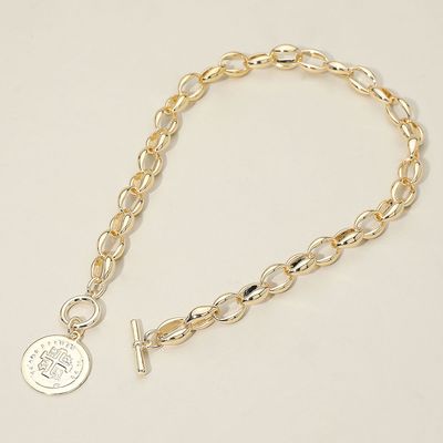 14K Gold Plated Cross Embossed Coin Charm Chunky Chain Toggle Necklace