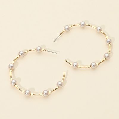 Pearl Beaded Open Hoop Statement Earrings