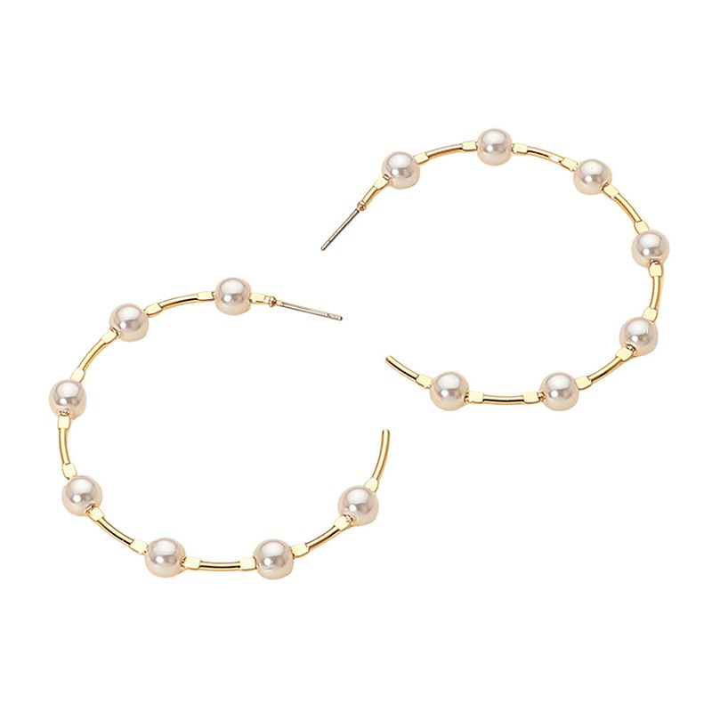 Pearl Beaded Open Hoop Statement Earrings