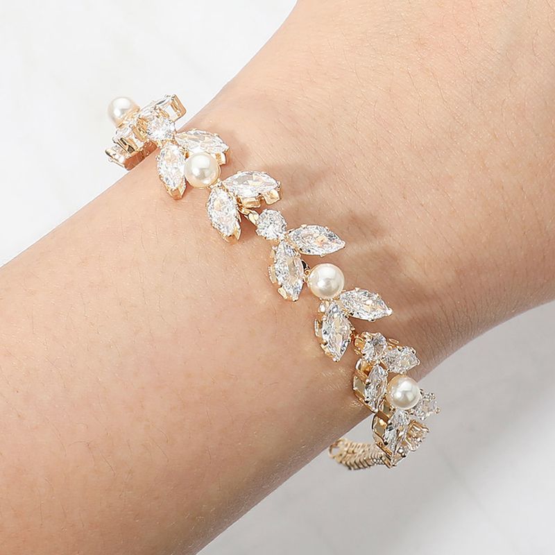 Gold/Clear CZ Marquise Cluster Pearl Link Evening Bracelet