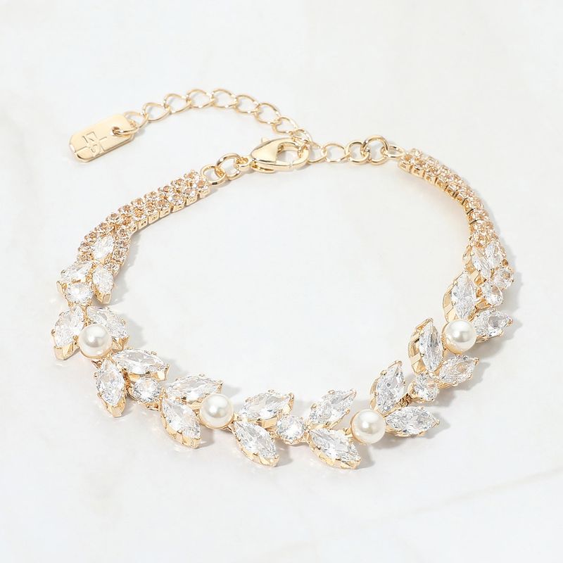 Gold/Clear CZ Marquise Cluster Pearl Link Evening Bracelet