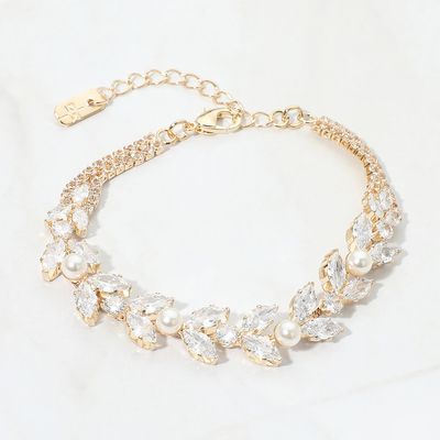 Gold/Clear CZ Marquise Cluster Pearl Link Evening Bracelet