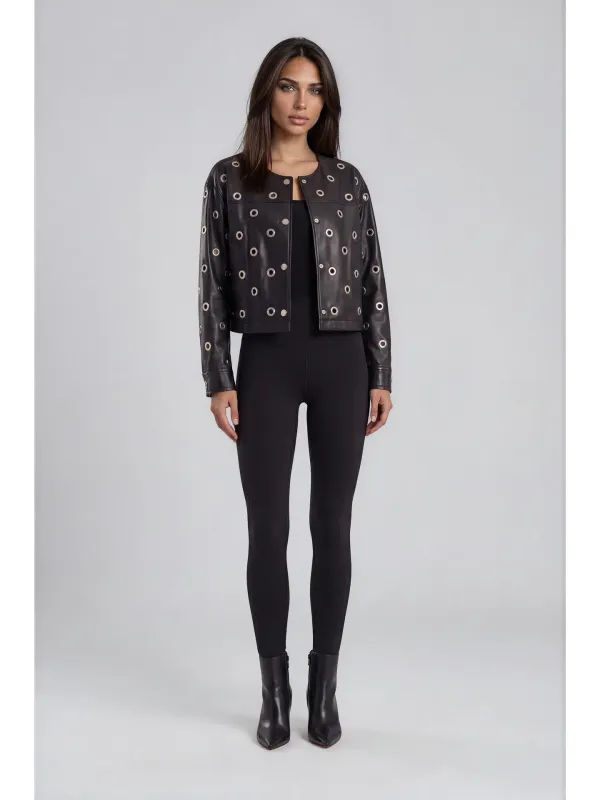 Black Vegan Leather Grommet Jacket