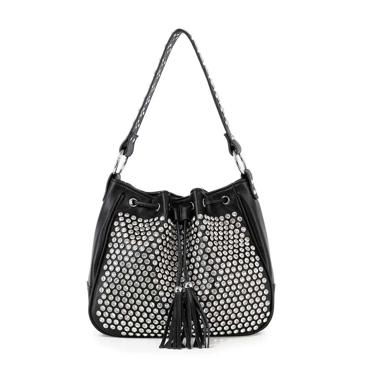 Black Studded Stone Drawstring  Hobo Handbag