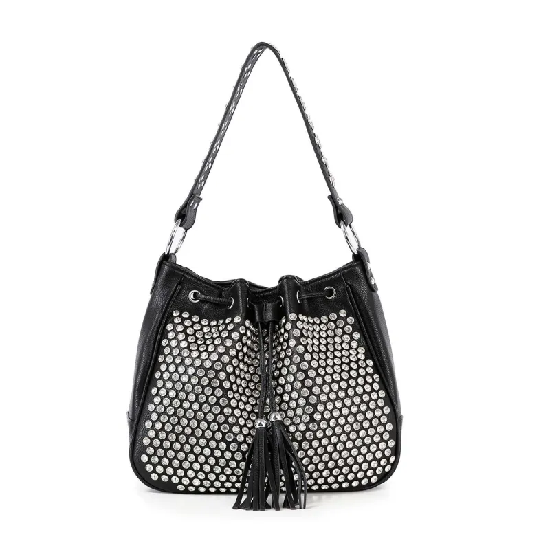 Black Studded Stone Drawstring  Hobo Handbag
