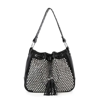 Black Studded Stone Drawstring  Hobo Handbag