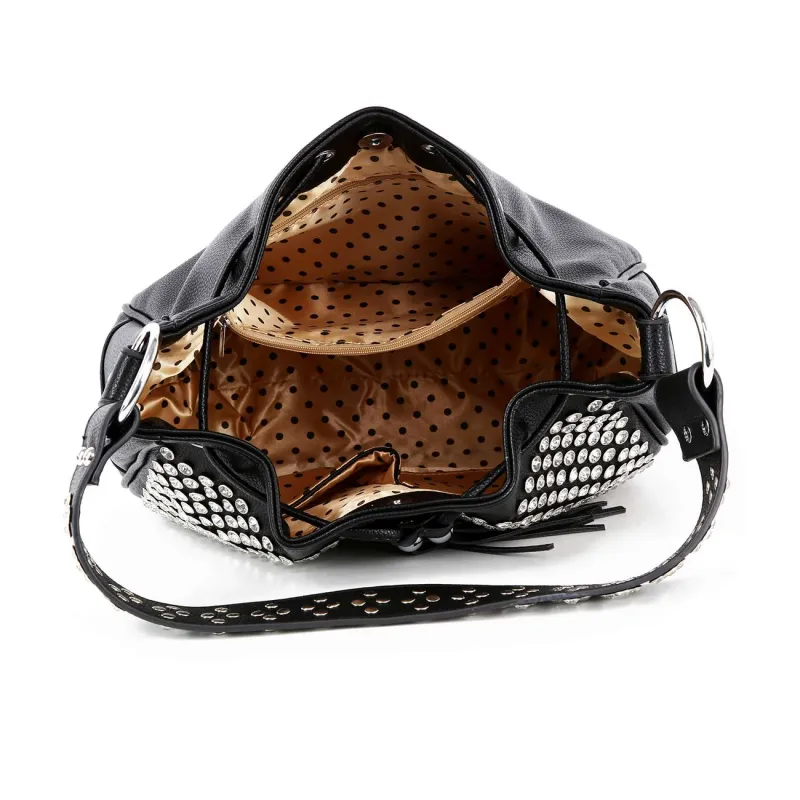 Black Studded Stone Drawstring  Hobo Handbag