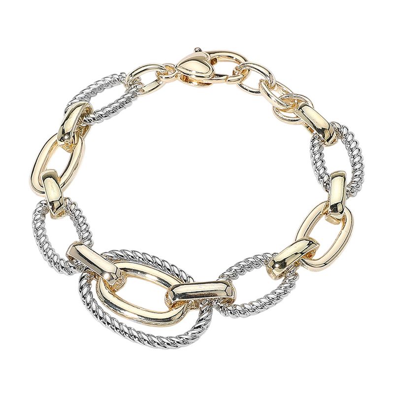14K Gold Plated Two Tone Textured Oval Chain Link Bracelet