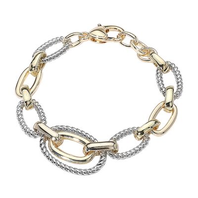 14K Gold Plated Two Tone Textured Oval Chain Link Bracelet