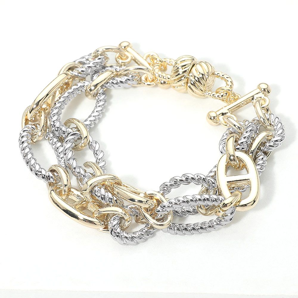 14K Gold Plated Two Tone Mixed Link Magnetic Bracelet