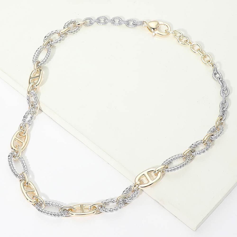 14K Gold Plated Two Tone Textured Mixed Link Chain Necklace 14K Gold Plated Two Tone Textured Mixed Link Chain Necklace