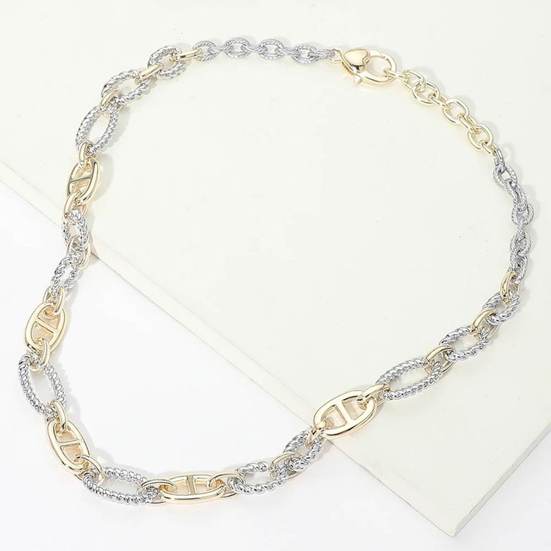 14K Gold Plated Two Tone Textured Mixed Link Chain Necklace