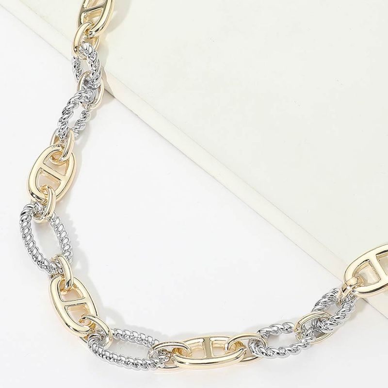 14K Gold Plated Two Tone Textured Mixed Link Chain Necklace