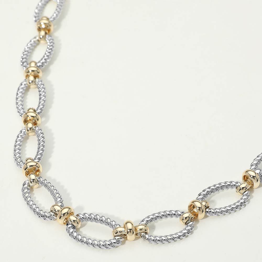 14K Gold Plated Two Tone Textured Oval Link Toggle Necklace