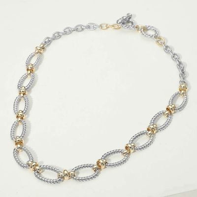 14K Gold Plated Two Tone Textured Oval Link Toggle Necklace