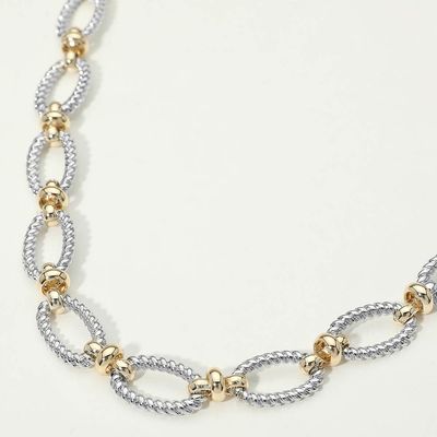 14K Gold Plated Two Tone Textured Oval Link Toggle Necklace 14K Gold Plated Two Tone Textured Oval Link Toggle Necklace
