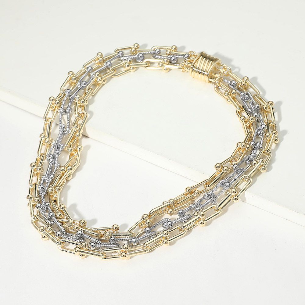 14K Gold Plated Two Tone Multi Strand Chunky Industrial Chain Magnetic Necklace