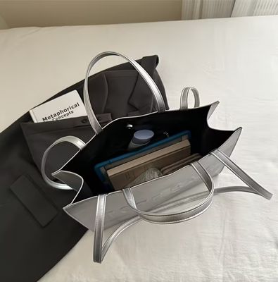 Silver Vegan Leather Open Tote Multipale Strap Handbag