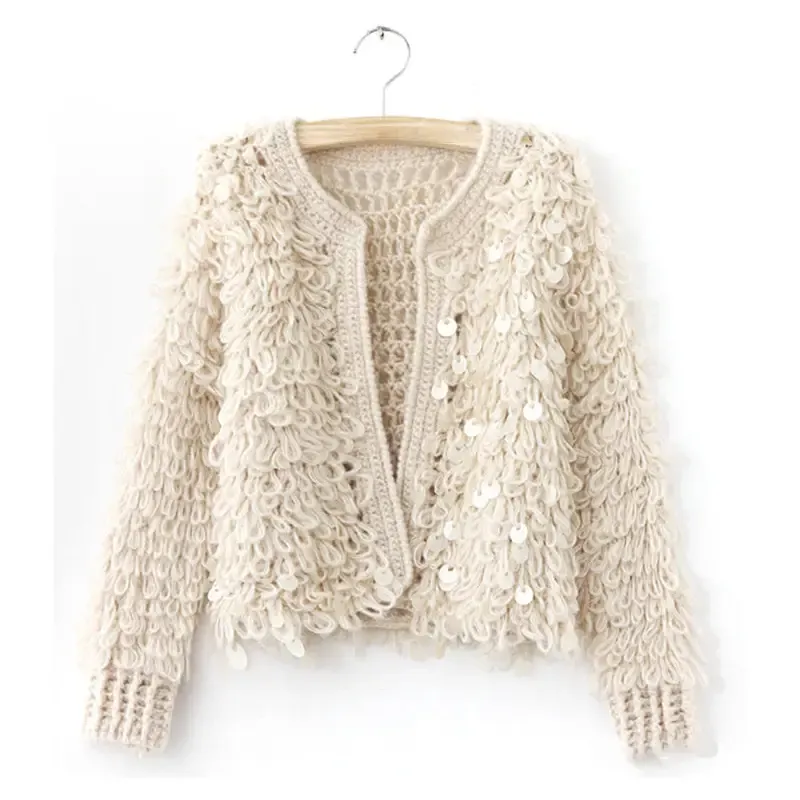 Cream Handmade Shag/Sequin Embellished Jacket Cream Handmade Shag/Sequin Embellished Jacket