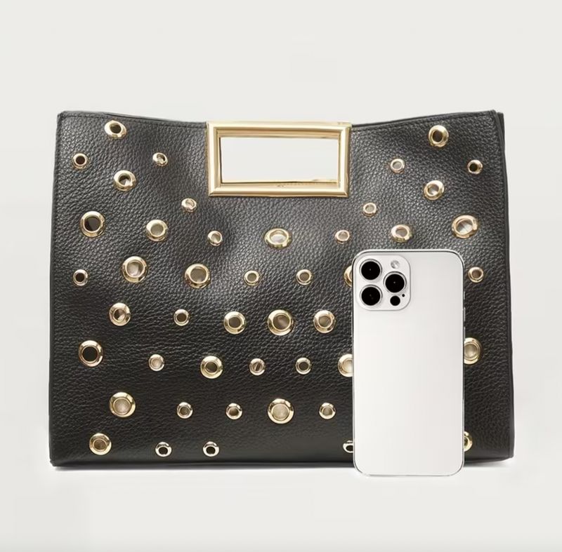 Black/Gold Grommet Square Vegan Leather Handbag