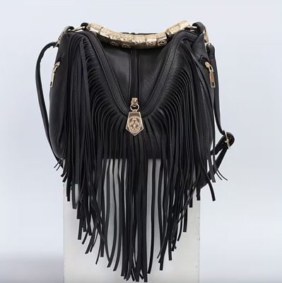 Black Vegan Leather Gold Handle Fringe Handbag