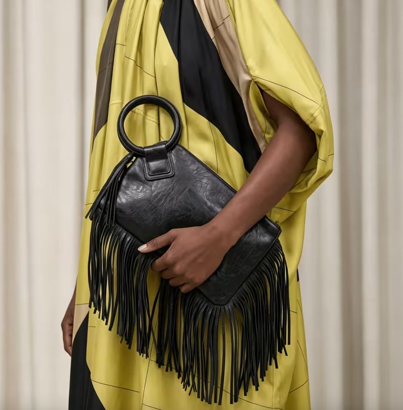 Black Vegan Leather Large Wristlet Fringe Handbag Black Vegan Leather Large Wristlet Fringe Handbag