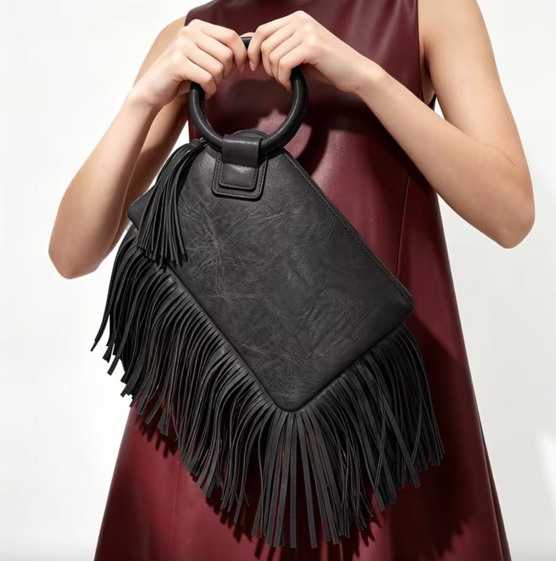 Black Vegan Leather Large Wristlet Fringe Handbag
